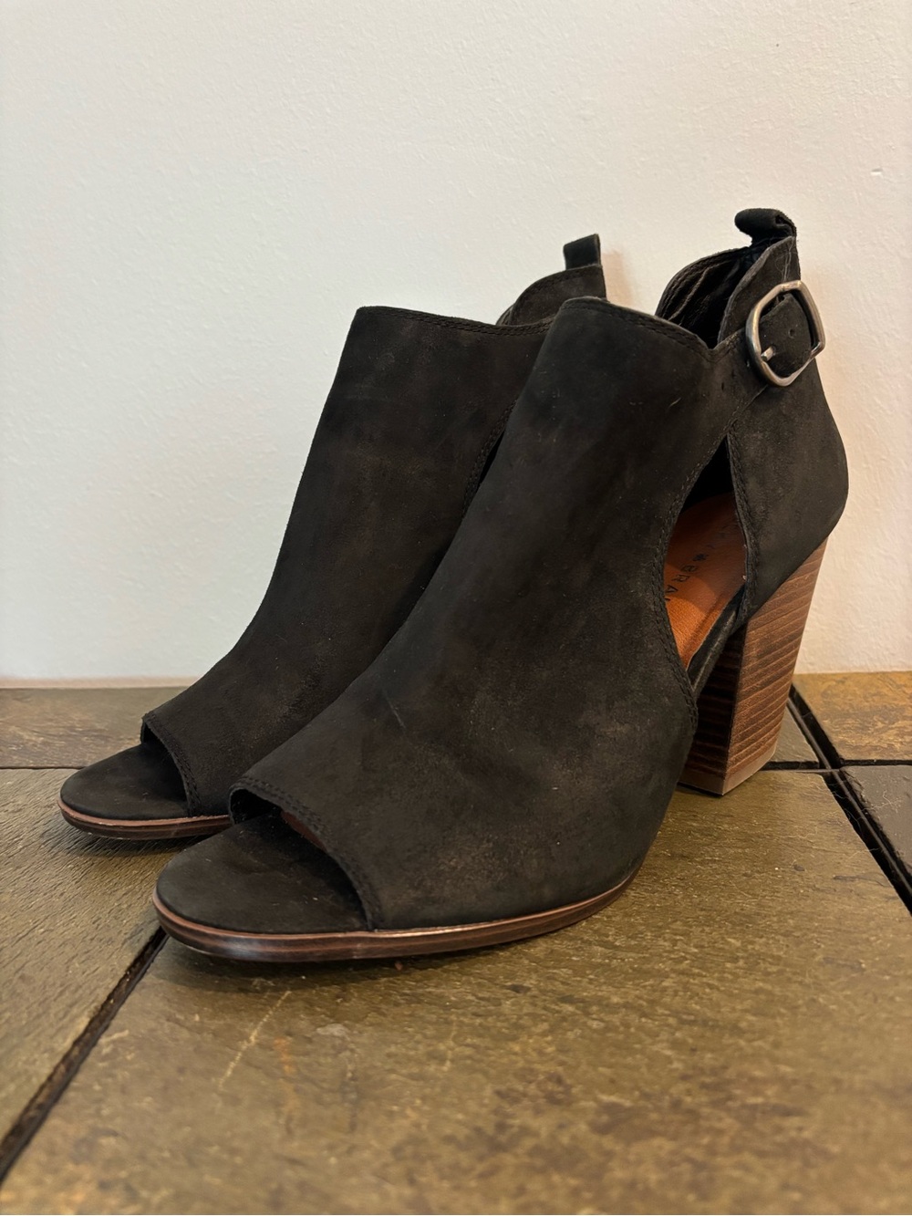 Lucky Brand Black Open-Toe Ankle Booties - Size 10, Chunky Heel